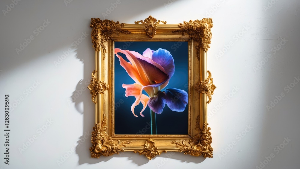 Poster vibrant flower artwork displayed in an ornate gold frame against a minimalist wall background illumi
