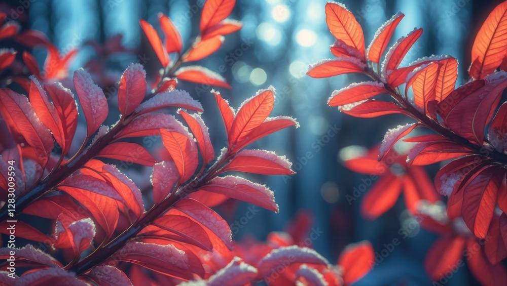 Aufkleber red leaves with frost in a winter forest background with soft bokeh lighting highlighting the season