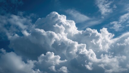 Fluffy white cumulus clouds on a blue sky background capturing natural atmospheric weather conditions.