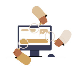 Hands With Magnifying Glasses Analyzing Website On Monitor In Flat Vector Illustration Symbolizing Web Research, SEO Analysis, And Online Performance, Isolated On White Background