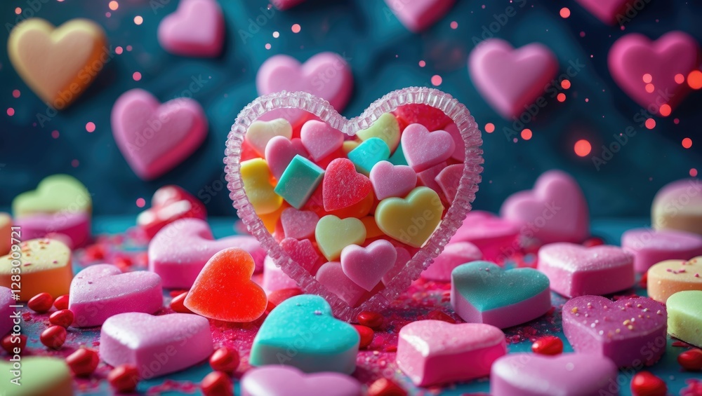 Poster Colorful heart-shaped candies arranged in a heart-shaped container on a blue background with sparkling elements and scattered sweets.