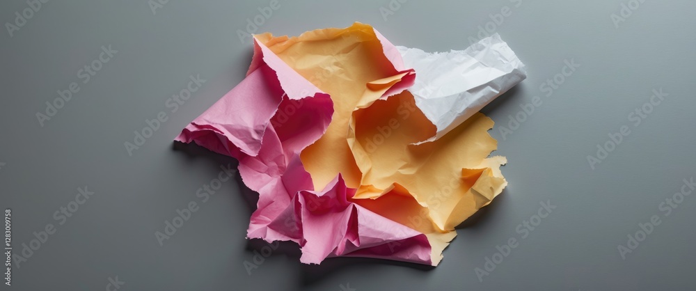 Poster Crumpled colored paper in pink orange and white on a gray background creating a textured abstract composition