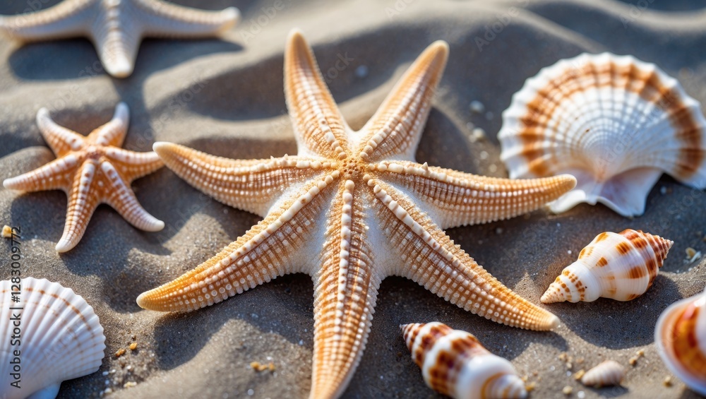 Poster starfish and assorted seashells on sandy beach surface illuminated by sunlight