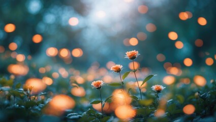 Serene floral scene with blurred background and soft glowing lights creating a dreamy atmosphere in nature.
