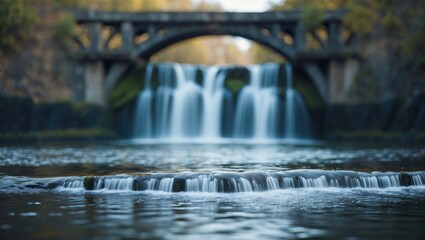 Obraz premium Serene waterfall cascading under an ancient bridge with soft focused water representing the passage of time in nature's embrace.