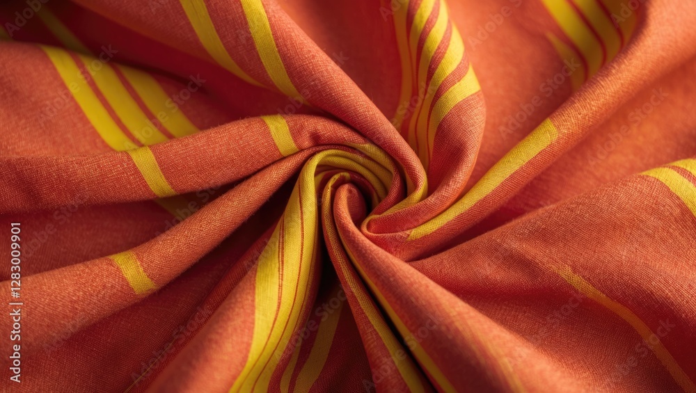 Poster close-up of orange fabric with yellow stripes, texture and pattern detail, showing twisting and drap