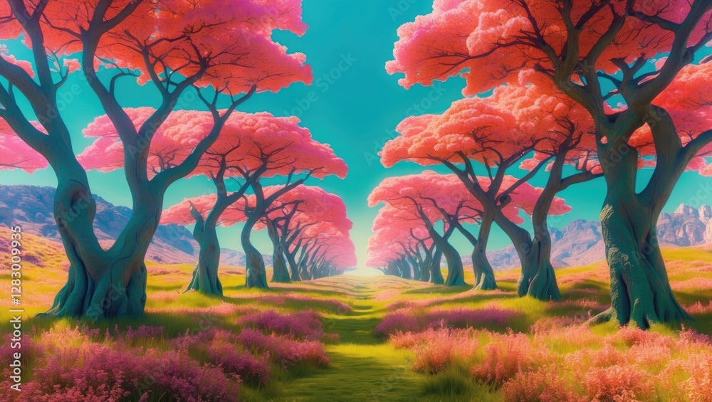 Poster vibrant landscape with pink trees lining a path surrounded by lush flowers and a colorful sky in a s