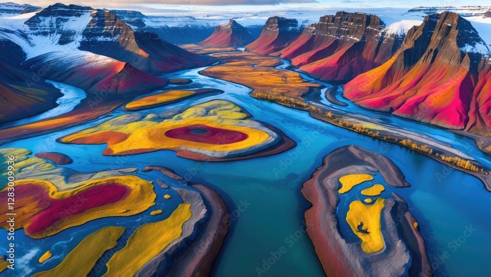 Poster Aerial view of colorful river delta landscape with vibrant patterns and snow-capped mountains in the background during daylight