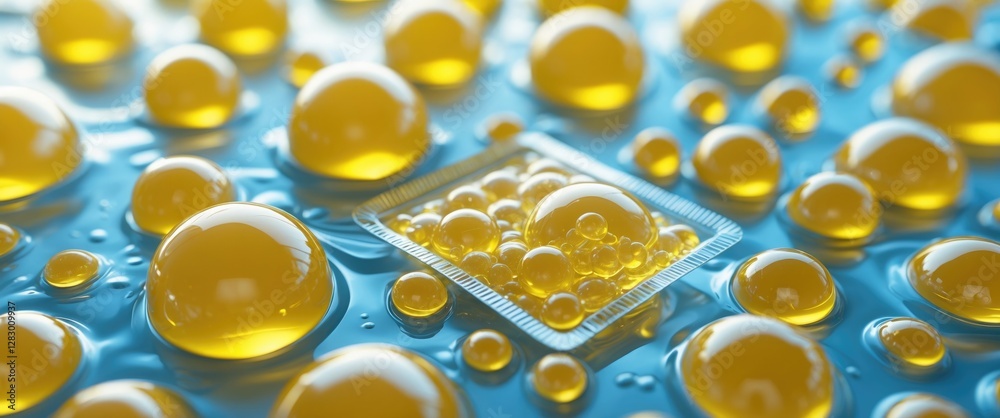 Aufkleber Yellow liquid droplets on a blue surface with a textured container displaying bubbles in a macro close-up view.
