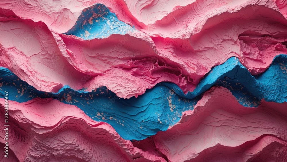 Poster Textured abstract background with vibrant pink and blue wavy layers resembling mixed paint or layered clay materials.