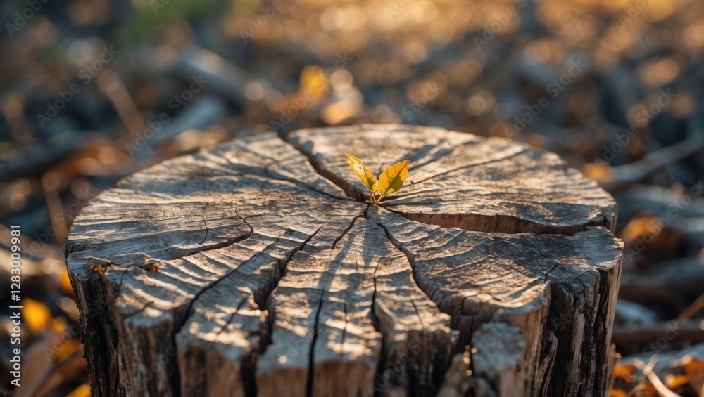 Poster close-up of a tree stump with a small green shoot growing in the center surrounded by fallen leaves 