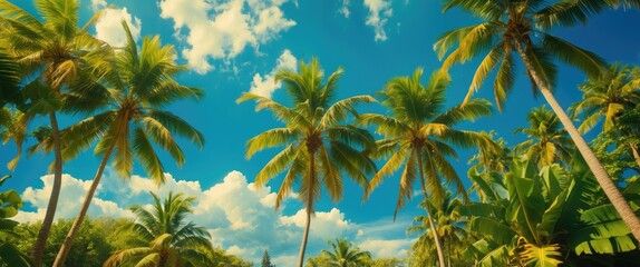 tall palm trees against a bright blue sky filled with fluffy white clouds in a tropical landscape during daytime