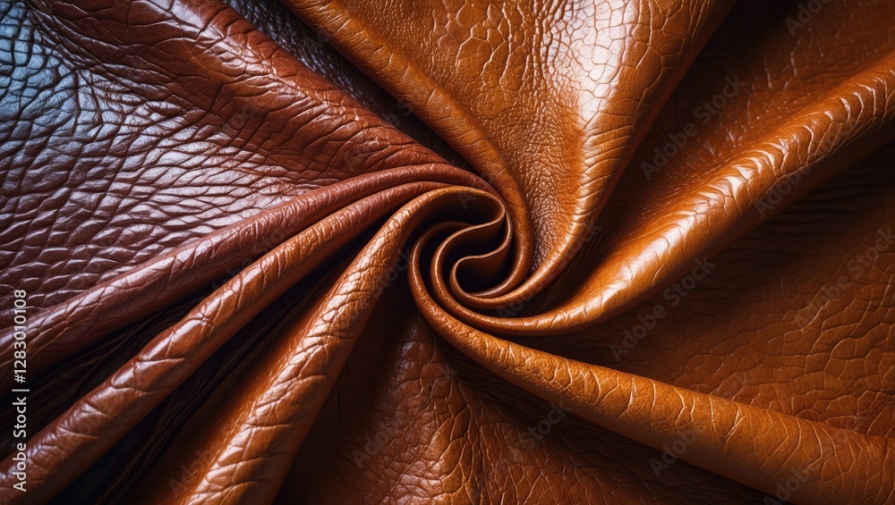 Poster Brown leather texture close up showing detailed grain pattern and soft folds in a circular arrangement