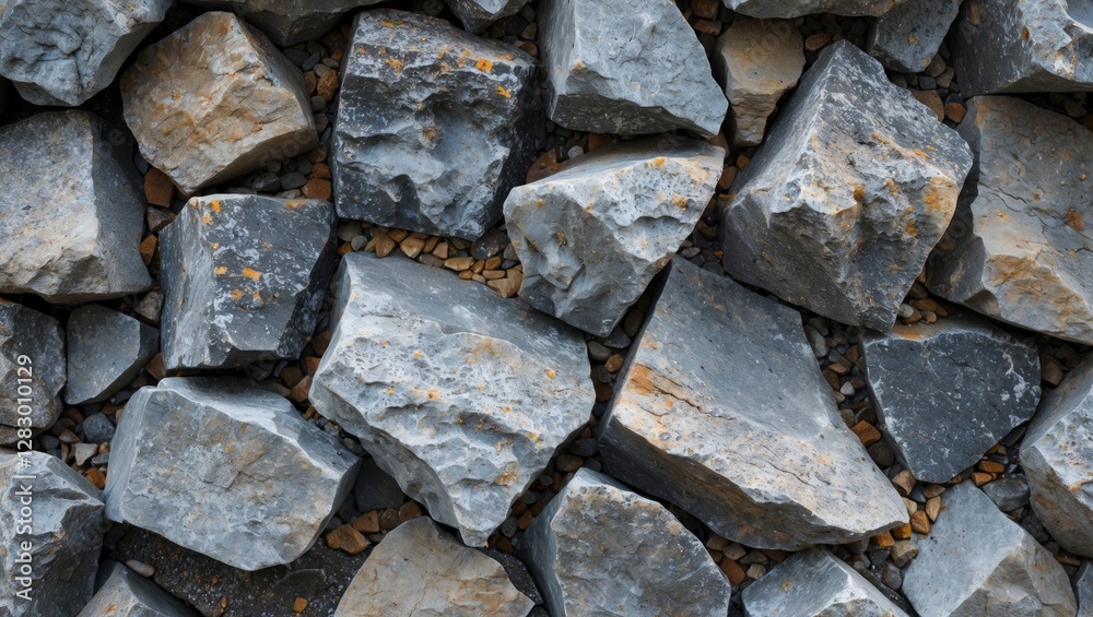 Aufkleber Textured background of various sizes of gray stones with rough surfaces and small pebbles in between them.