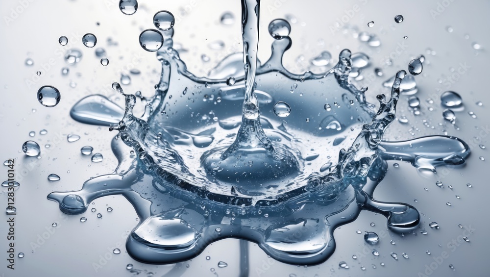 Poster high-resolution close-up of water splash with droplets on reflective surface showcasing liquid dynam