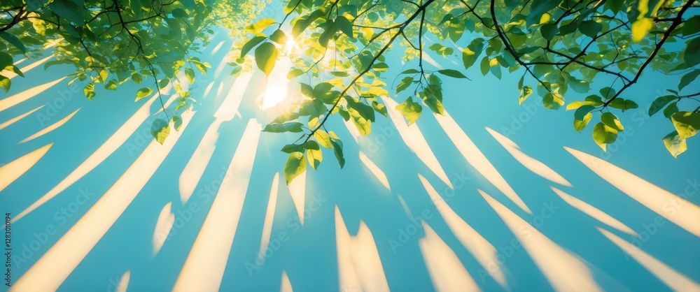 Aufkleber sunlight filtering through green leaves with blue sky and soft shadows creating a tranquil natural b