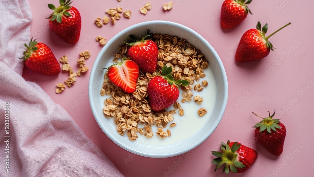 Aufkleber bowl of yogurt with granola and fresh strawberries on pink background with scattered oats and berrie