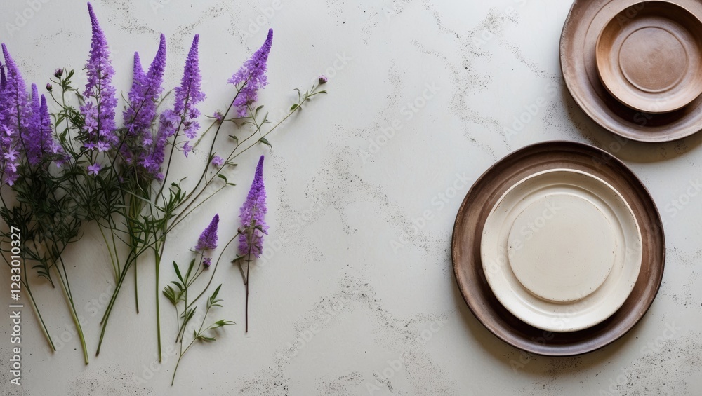 Poster Purple flowers beside ceramic plates on a textured surface creating a rustic and elegant table setting scene