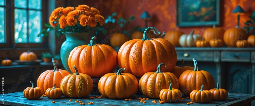 Poster Autumn still life with assorted pumpkins displayed on a rustic table surrounded by marigolds in a warm indoor setting