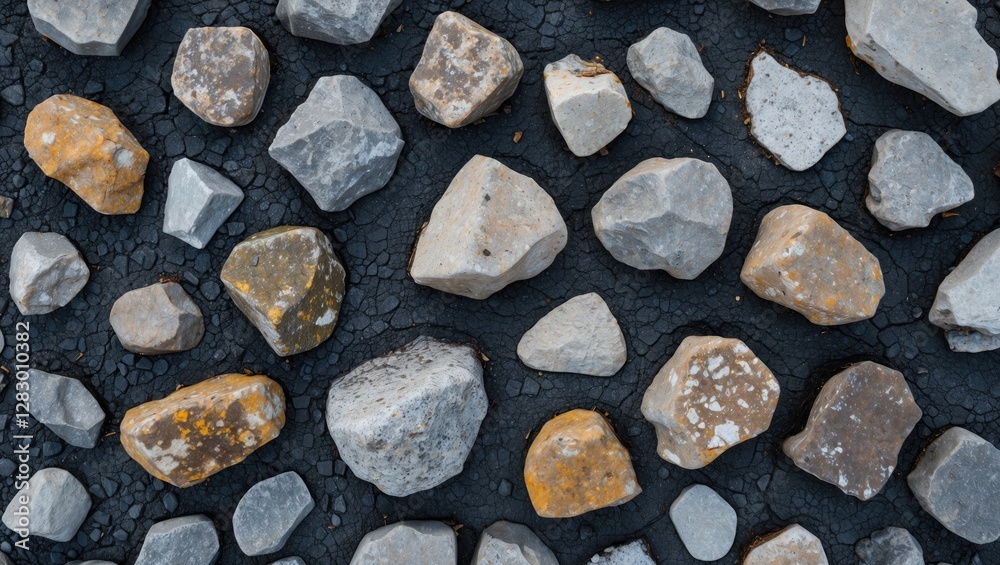 Poster various stones and pebbles scattered on a dark textured surface in an abstract pattern