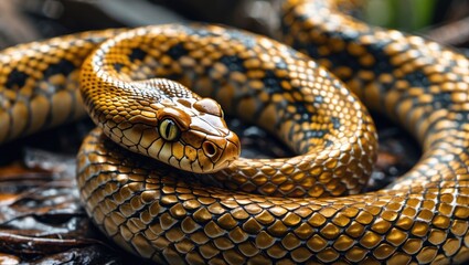 Fototapeta premium Golden-scaled Indian snake coiled on natural background showcasing vibrant colors and intricate patterns in a serene jungle setting.