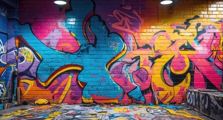 Vibrant graffiti mural with abstract patterns and colorful designs suitable for creative backgrounds and artistic projects.