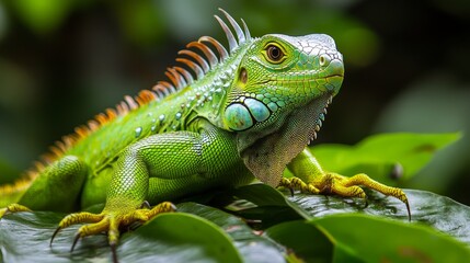 Colorful green iguana resting on lush green leaves in a tropical rainforest during daylight