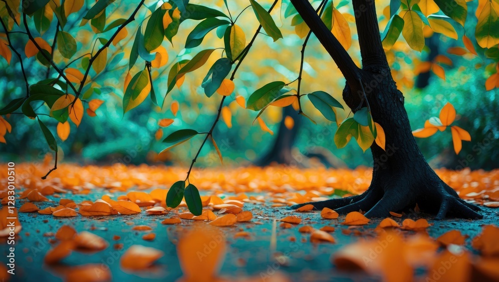 Poster autumn landscape with a tree trunk surrounded by orange and green leaves on the ground in a natural 