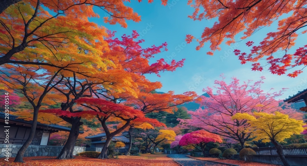 Poster autumn landscape with vibrant colorful trees and serene pathway in a traditional garden setting unde