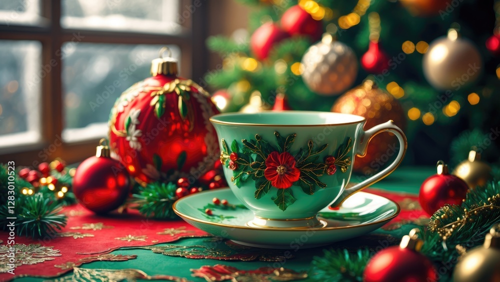Poster christmas themed coffee cup and decorative ornaments on a festive table setting with a window view a