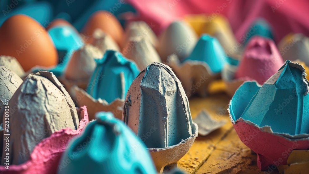 Poster colorful egg shells in paper cartons arranged on a wooden surface with blurred background of assorte