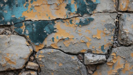 Fototapeta premium weathered stone wall with cracked surface and peeling yellow and turquoise paint