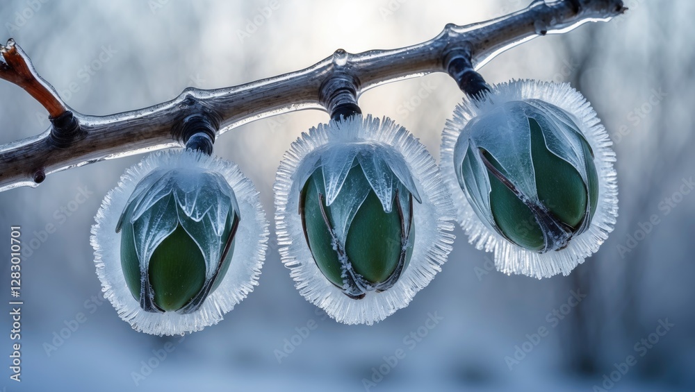 Aufkleber ice-covered magnolia buds on a branch with frost in a winter landscape exhibiting intricate frozen d