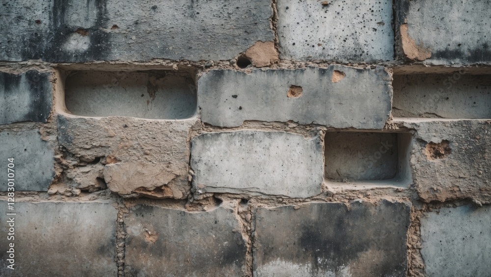 Poster concrete block wall texture with visible dirt, stains, and imperfections on a weathered surface. sui