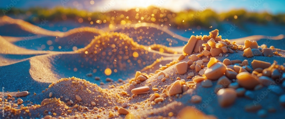 Poster Close-up of sand particles and small stones with sunlight creating a warm glow and sparkles in the background on a beach environment