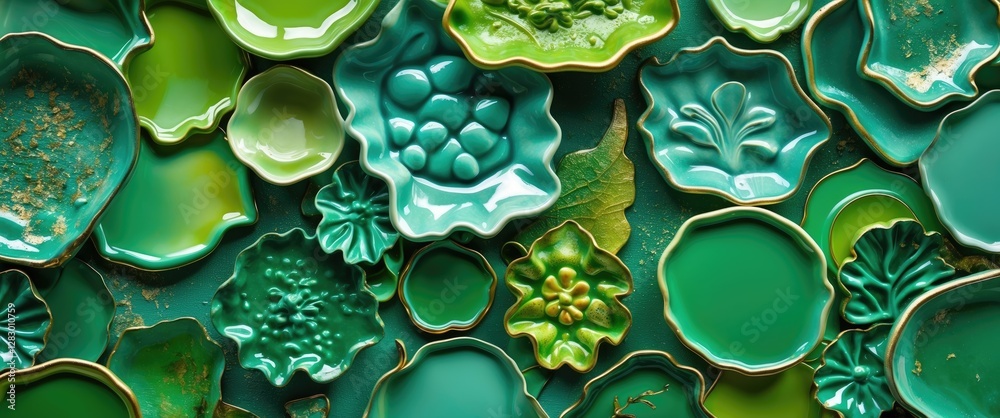 Poster assorted green ceramic plates in various shapes and designs arranged artistically on a flat surface