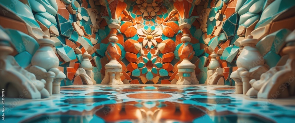 Poster Colorful ornamental mosaic interior with intricate patterns and decorative pillars in a vibrant architectural space.