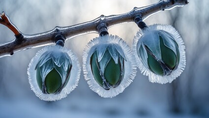 Ice-covered magnolia buds on a branch with frost in a winter landscape exhibiting intricate frozen details and soft background blur