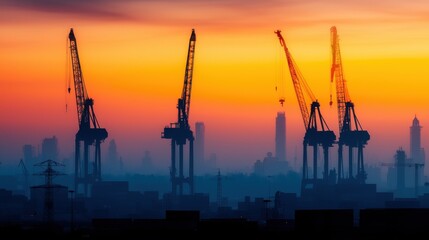 Obraz premium Container ship silhouette of industrial cranes concept. Dramatic Sunset Over Silhouetted Container Ships and Industrial Harbor Skyline
