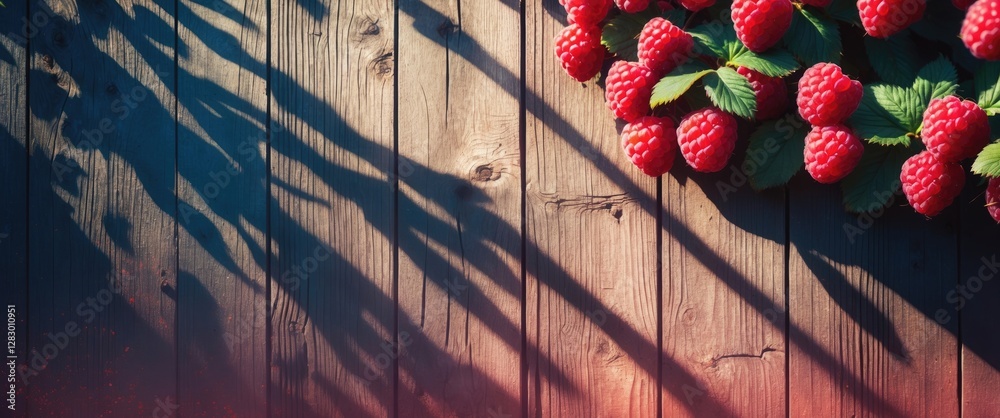 Poster ripe raspberries arranged on a wooden surface creating contrasting shadows with vibrant colors and t