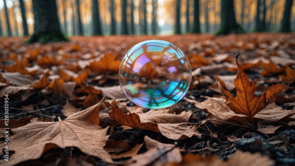Aufkleber Transparent soap bubble resting on orange autumn leaves in a forest setting with blurred trees in the background.