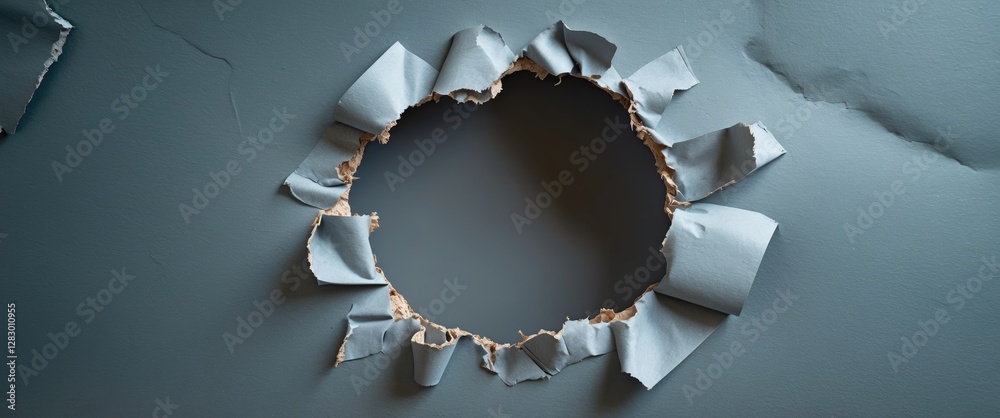 Poster torn wall with ripped paper revealing empty space behind on a blue background