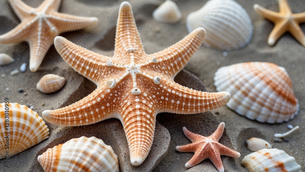 Poster Starfish and various seashells on sandy beach background with shallow depth of field and natural light