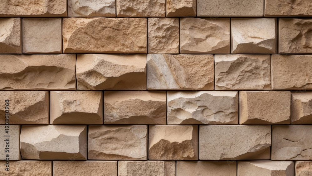 Aufkleber Textured sandstone wall with irregular stone blocks in earthy tones arranged in horizontal pattern