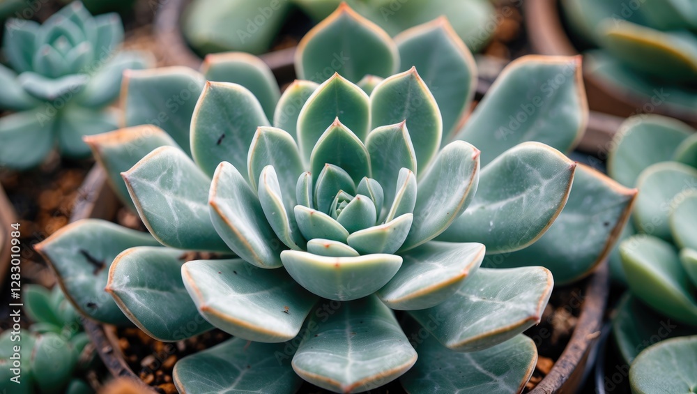 Poster Close-up of succulent plant with fleshy green leaves arranged in rosette pattern in natural light setting