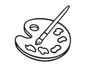 palette with paint brush doodle hand drawn icon. Outline drawing palette with paint brush line clipart symbol