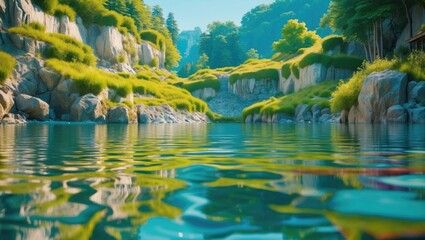 Tranquil scenery of an artificial lake bordered by lush greenery and rocky shores reflecting in clear freshwater during daylight.