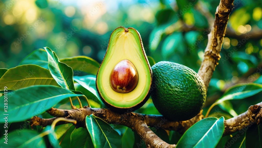 Poster freshly sliced avocado with pit resting on tree branch surrounded by green leaves in natural outdoor