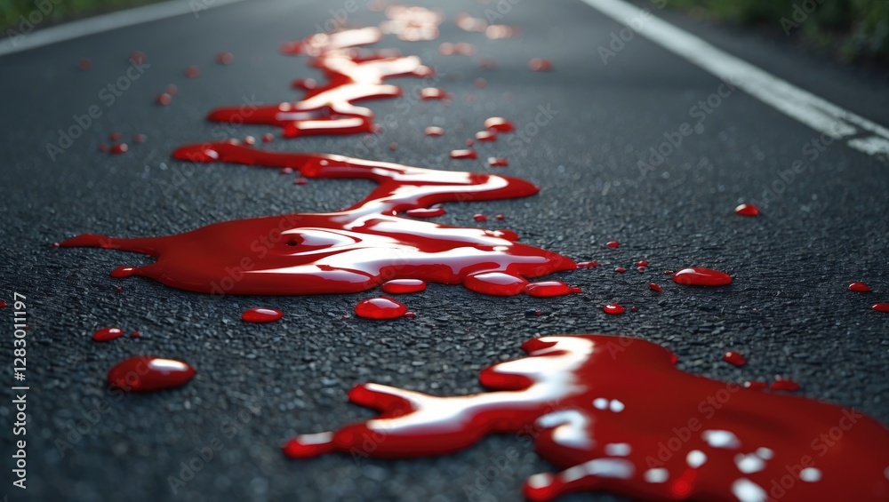 Poster Red liquid spilled on asphalt road surface creating a striking visual contrast with surrounding environment
