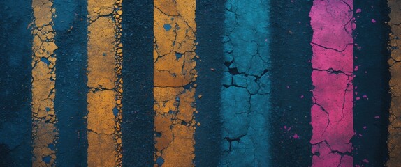 Colorful cracked asphalt texture with vibrant stripes ideal for background design or urban-themed projects.